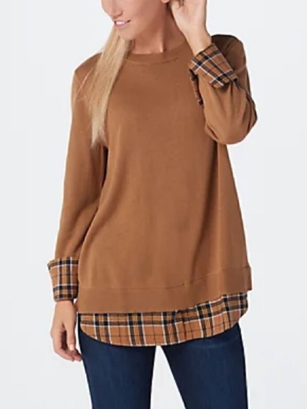 Joan Rivers Plaid Details Long Sleeve Sweater